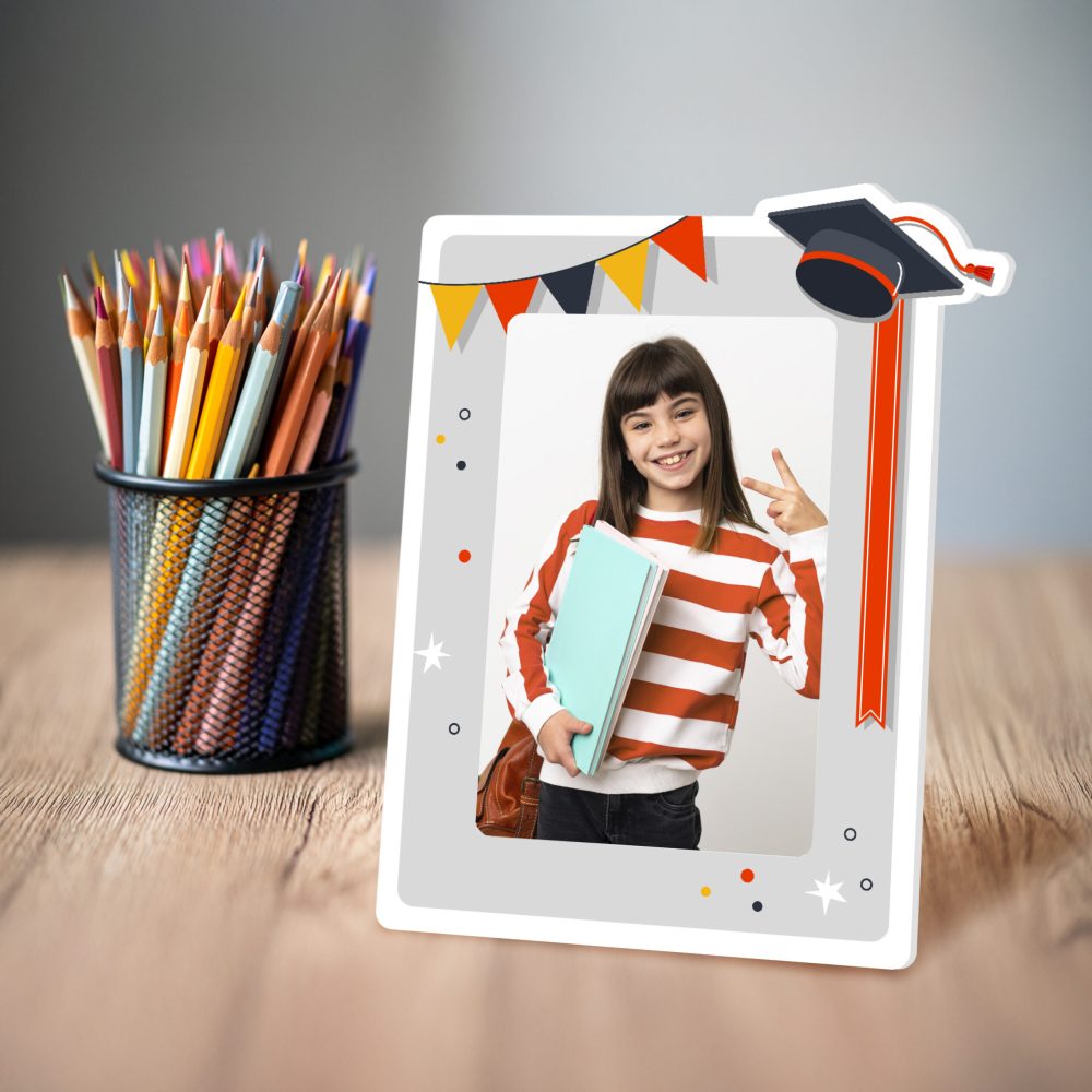 colored pencil in a black jar and mask placed on a wooden table Online learning concepts at home